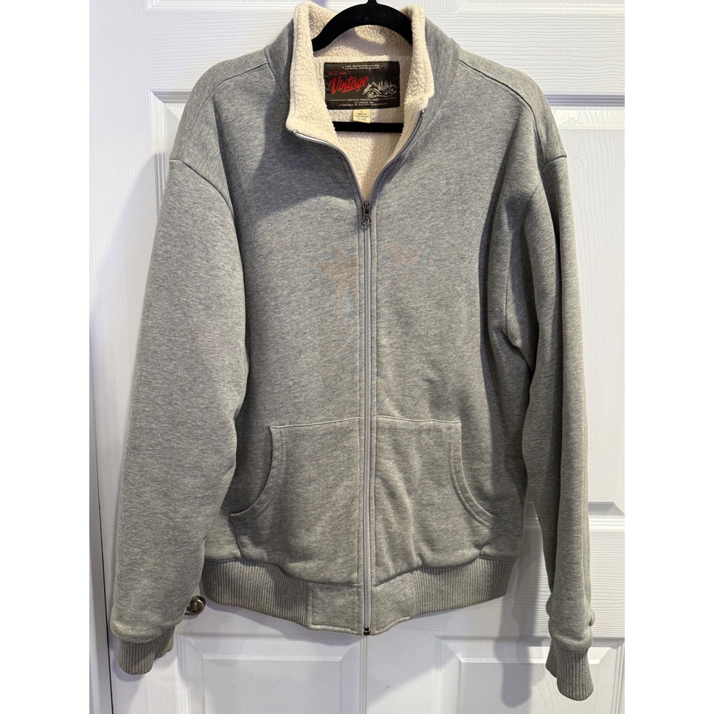 Old Navy Vintage Mens Sherpa‎ Lined Full Zip Sweatshirt Jacket Gray Size L